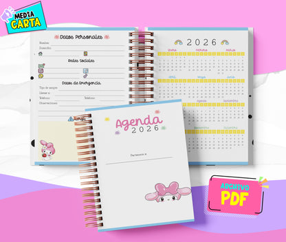 Agenda Diaria 2026 de My Melody (PDF no editable) – Día por Página – Media Carta 14×21.5 cm – Español