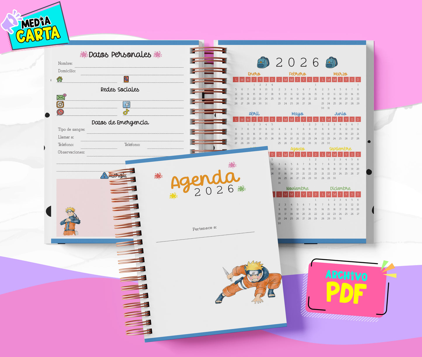 Agenda Diaria 2026 de Naruto (PDF no editable) – Día por Página – Media Carta 14×21.5 cm – Español