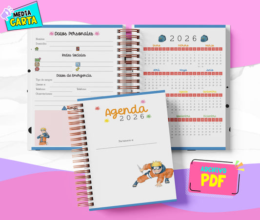 Agenda Diaria 2026 de Naruto (PDF no editable) – Día por Página – Media Carta 14×21.5 cm – Español