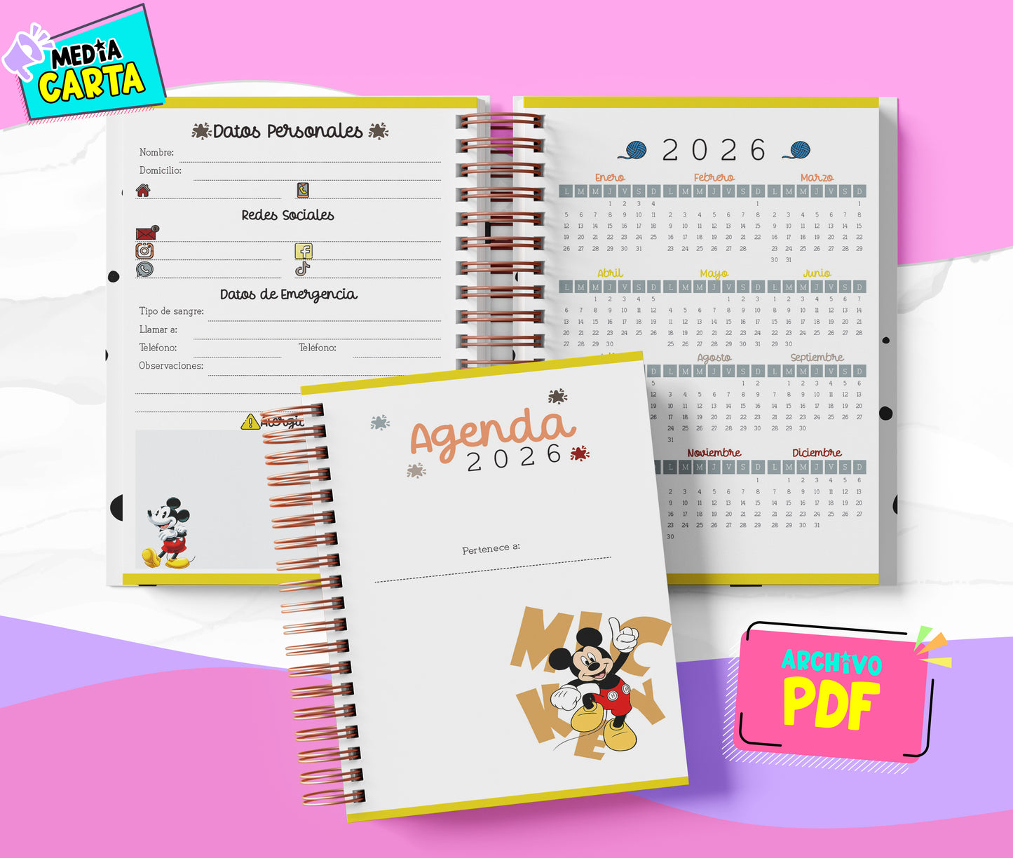 Agenda Diaria 2026 de Mickey (PDF no editable) – Día por Página – Media Carta 14×21.5 cm – Español