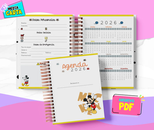 Agenda Diaria 2026 de Mickey (PDF no editable) – Día por Página – Media Carta 14×21.5 cm – Español