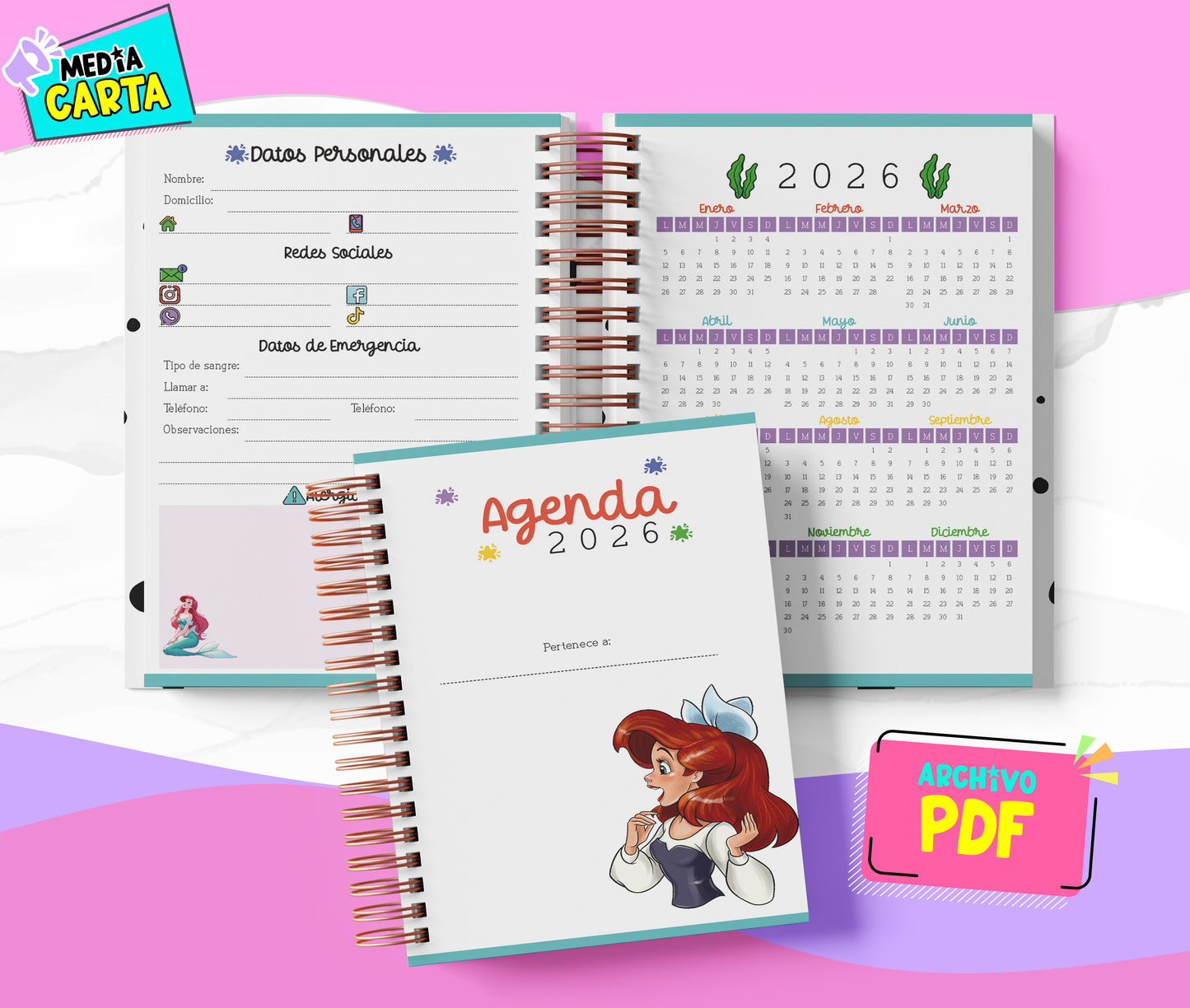 Agenda Diaria 2026 de Ariel (PDF no editable) – Día por Página – Media Carta 14×21.5 cm – Español