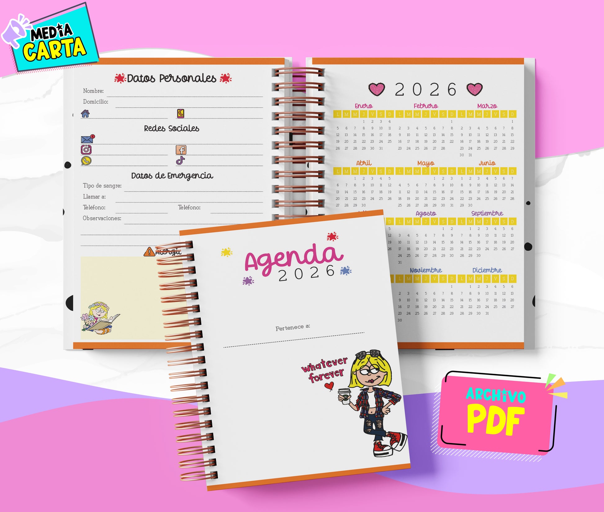 Agenda Diaria 2026 de Lizzie Mcguire (PDF no editable) – Día por Página – Media Carta 14×21.5 cm – Español