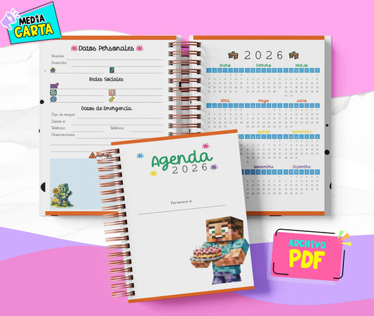 Agenda Diaria 2026 de Minecraft (PDF no editable) – Día por Página – Media Carta 14×21.5 cm – Español