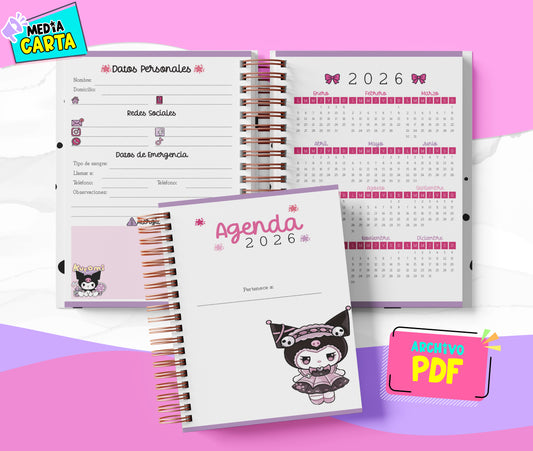 Agenda Diaria 2026 de Kuromi (PDF no editable) – Día por Página – Media Carta 14×21.5 cm – Español