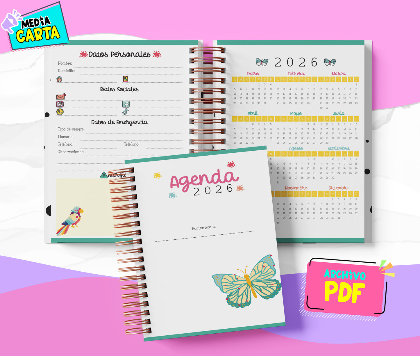 Agenda Diaria 2026 de Frida (PDF no editable) – Día por Página – Media Carta 14×21.5 cm – Español