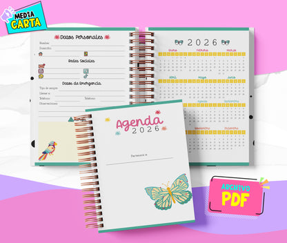 Agenda Diaria 2026 de Frida (PDF no editable) – Día por Página – Media Carta 14×21.5 cm – Español