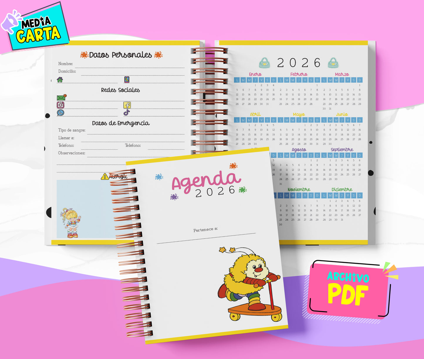 Agenda Diaria 2026 de Rainbow Bright (PDF no editable) – Día por Página – Media Carta 14×21.5 cm – Español