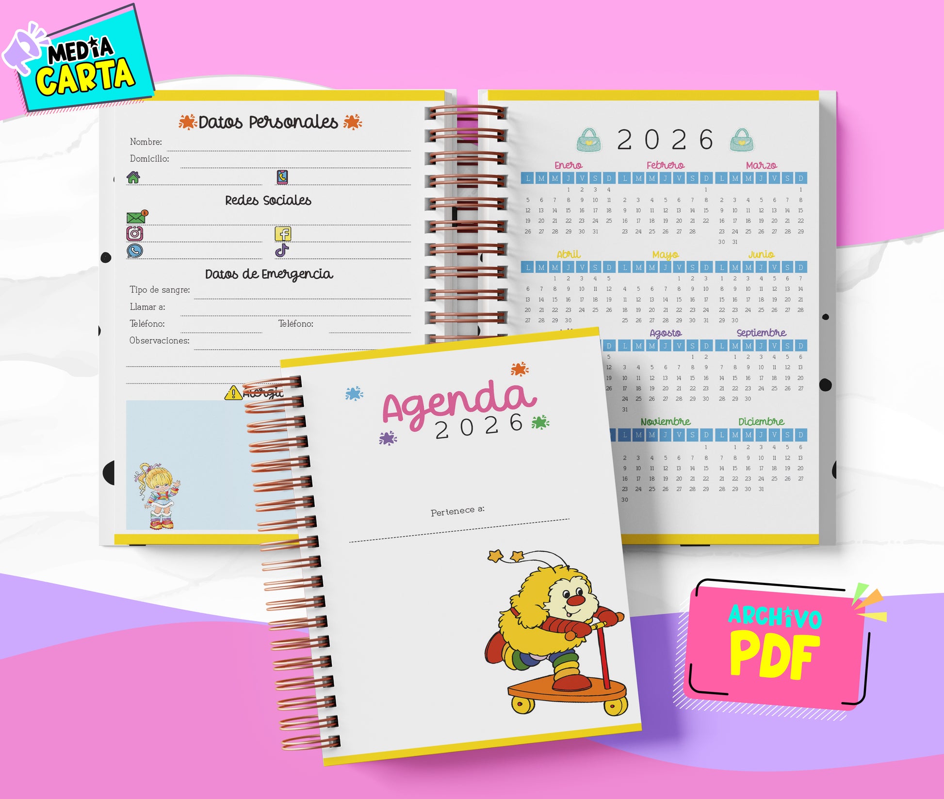 Agenda Diaria 2026 de Rainbow Bright (PDF no editable) – Día por Página – Media Carta 14×21.5 cm – Español