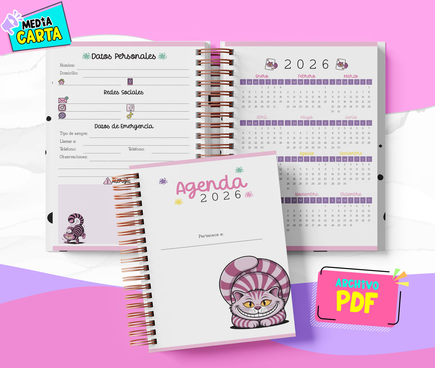 Agenda Diaria 2026 de Chesire Cat (PDF no editable) – Día por Página – Media Carta 14×21.5 cm – Español