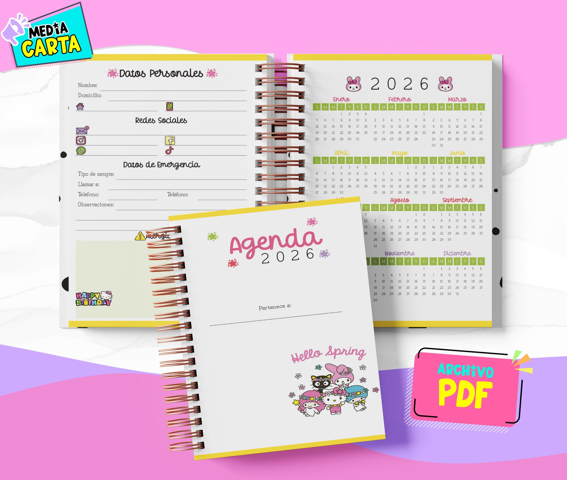 Agenda Diaria 2026 de Kitty (PDF no editable) – Día por Página – Media Carta 14×21.5 cm – Español