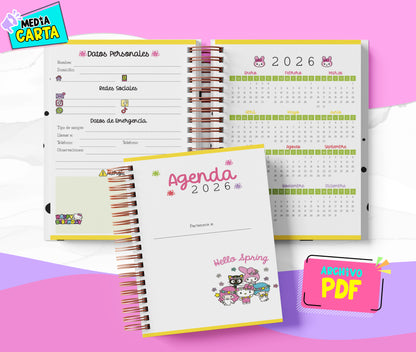 Agenda Diaria 2026 de Kitty (PDF no editable) – Día por Página – Media Carta 14×21.5 cm – Español
