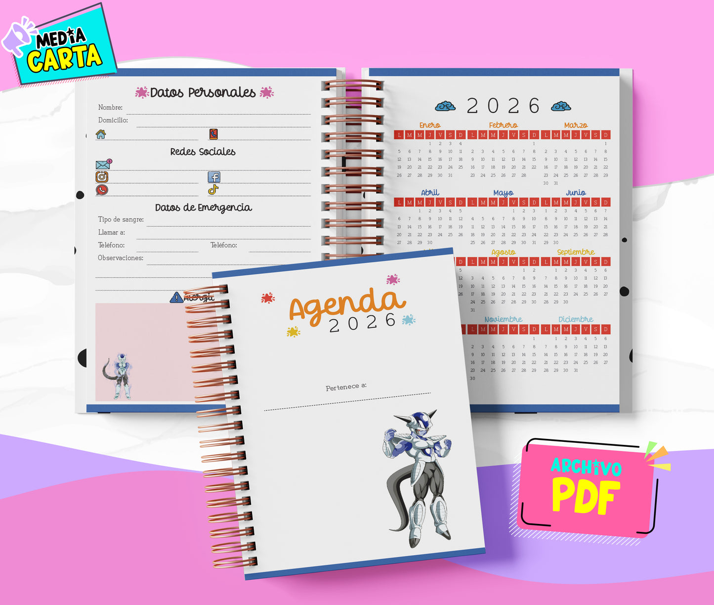 Agenda Diaria 2026 de Dragon Ball (PDF no editable) – Día por Página – Media Carta 14×21.5 cm – Español