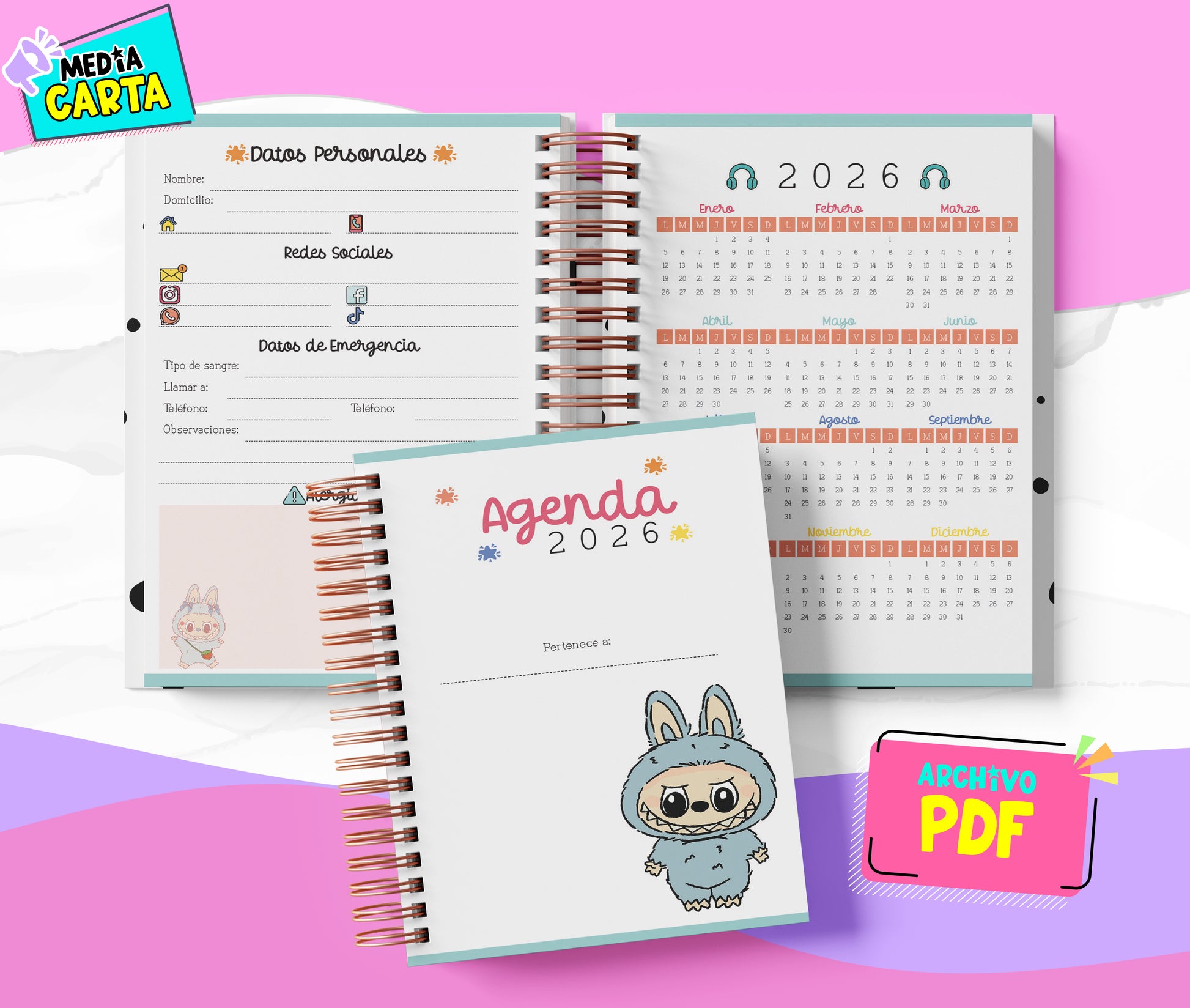 Agenda Diaria 2026 de Labubu (PDF no editable) – Día por Página – Media Carta 14×21.5 cm – Español