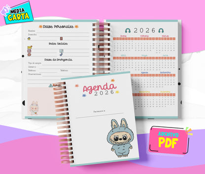 Agenda Diaria 2026 de Labubu (PDF no editable) – Día por Página – Media Carta 14×21.5 cm – Español