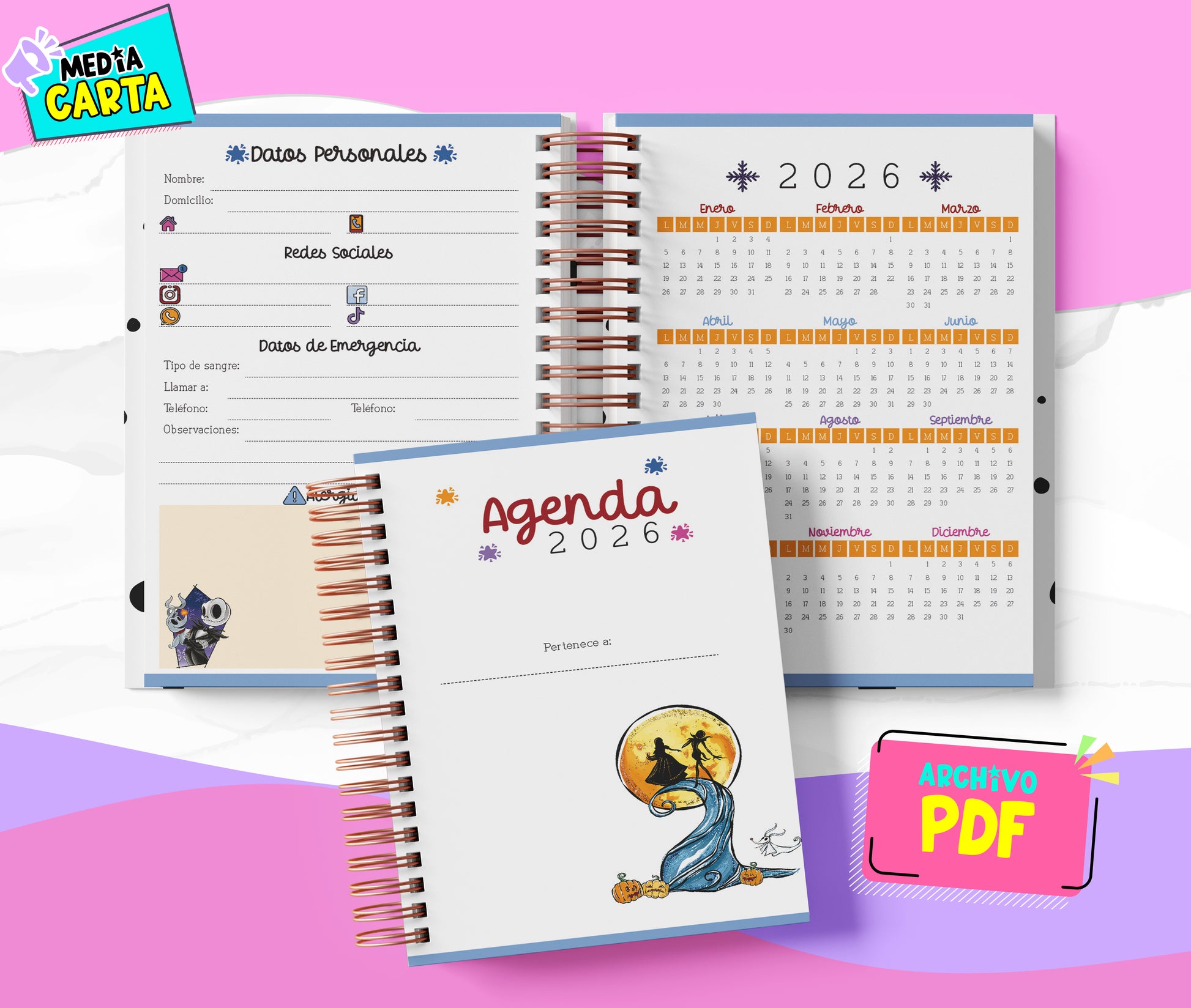 Agenda Diaria 2026 de Jack And Sally (PDF no editable) – Día por Página – Media Carta 14×21.5 cm – Español