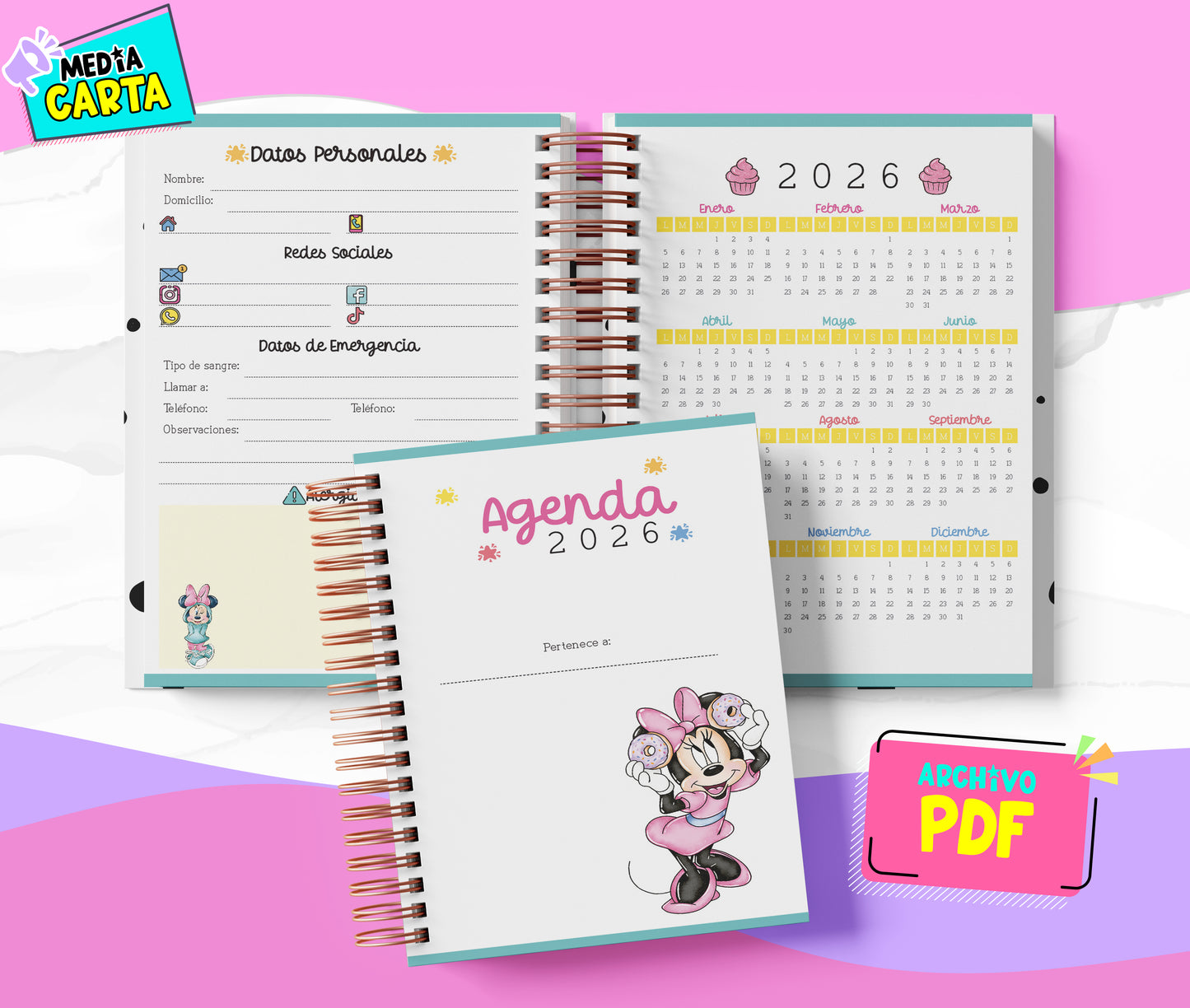 Agenda Diaria 2026 de Minnie (PDF no editable) – Día por Página – Media Carta 14×21.5 cm – Español