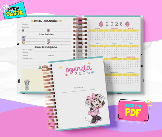 Agenda Diaria 2026 de Minnie (PDF no editable) – Día por Página – Media Carta 14×21.5 cm – Español