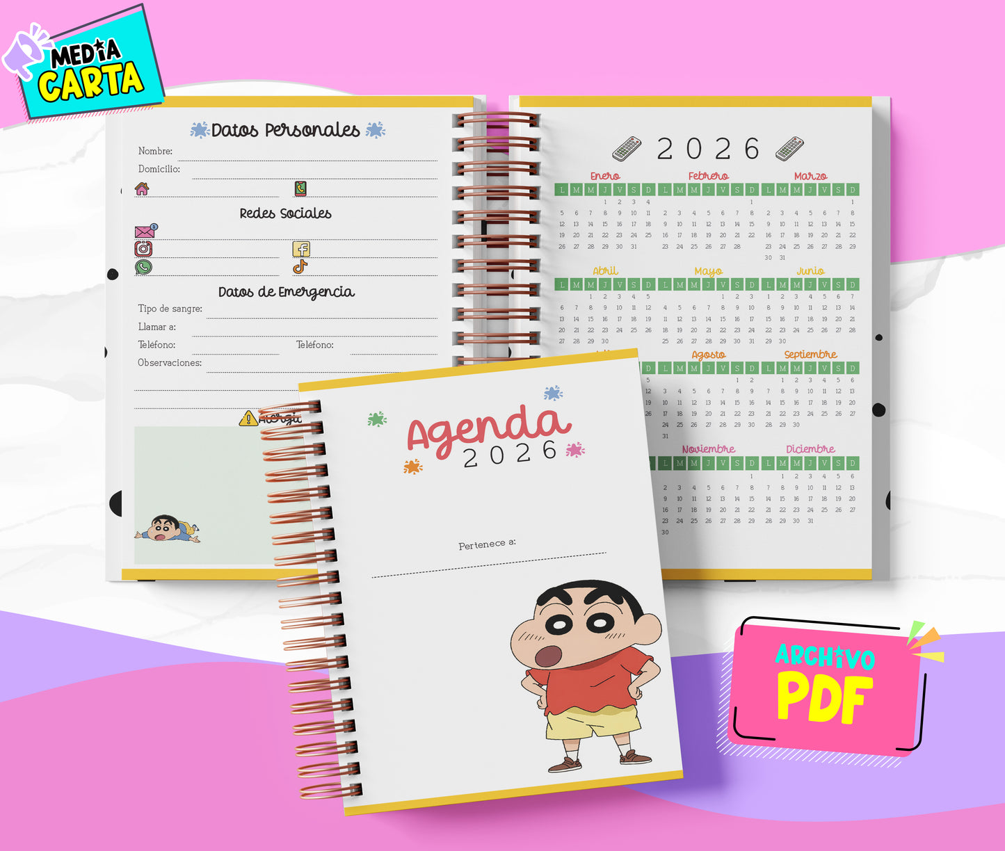 Agenda Diaria 2026 de Crayon Shin Chan (PDF no editable) – Día por Página – Media Carta 14×21.5 cm – Español