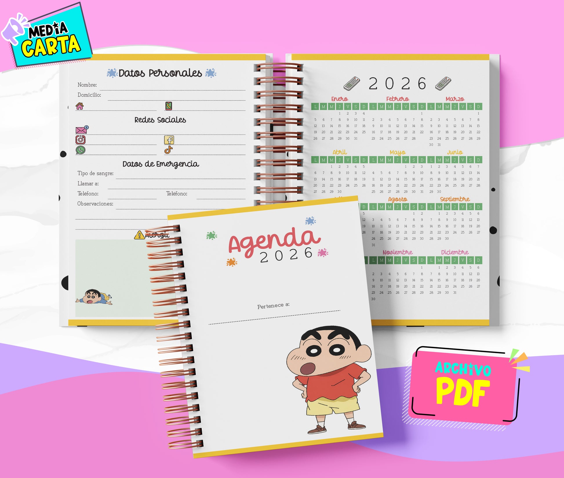 Agenda Diaria 2026 de Crayon Shin Chan (PDF no editable) – Día por Página – Media Carta 14×21.5 cm – Español