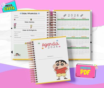 Agenda Diaria 2026 de Crayon Shin Chan (PDF no editable) – Día por Página – Media Carta 14×21.5 cm – Español