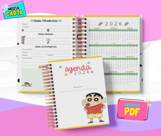 Agenda Diaria 2026 de Crayon Shin Chan (PDF no editable) – Día por Página – Media Carta 14×21.5 cm – Español