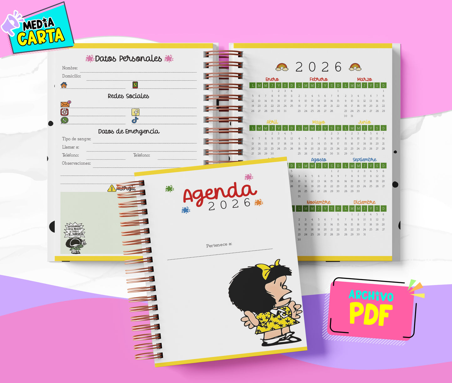 Agenda Diaria 2026 de Mafalda (PDF no editable) – Día por Página – Media Carta 14×21.5 cm – Español