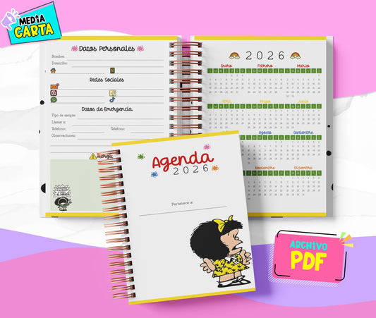 Agenda Diaria 2026 de Mafalda (PDF no editable) – Día por Página – Media Carta 14×21.5 cm – Español