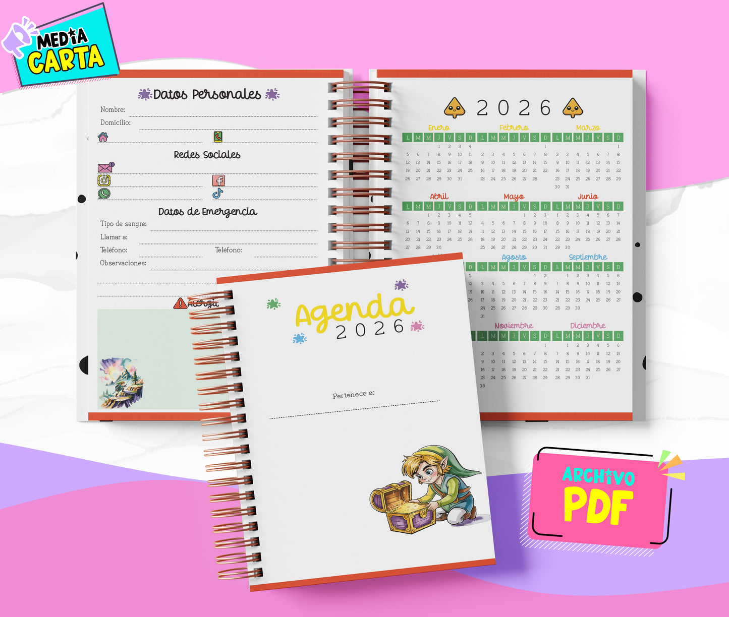 Agenda Diaria 2026 de Zelda (PDF no editable) – Día por Página – Media Carta 14×21.5 cm – Español