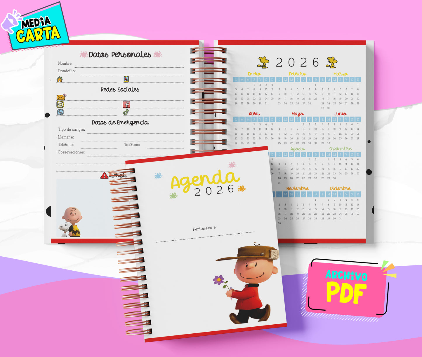 Agenda Diaria 2026 de Snoopy (PDF no editable) – Día por Página – Media Carta 14×21.5 cm – Español