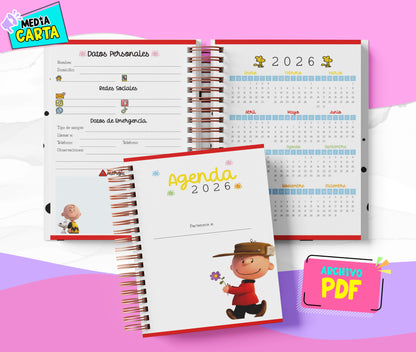 Agenda Diaria 2026 de Snoopy (PDF no editable) – Día por Página – Media Carta 14×21.5 cm – Español