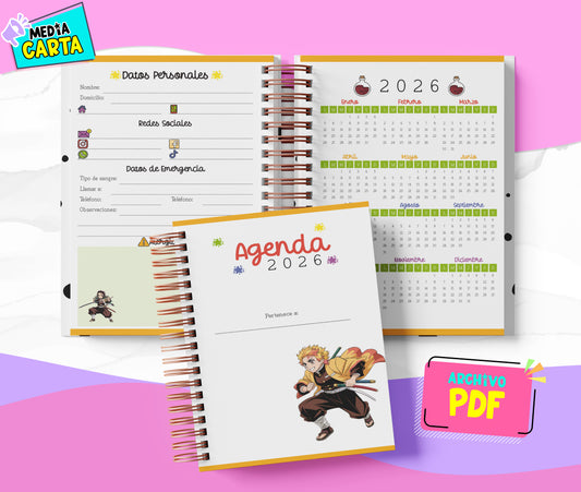 Agenda Diaria 2026 de Demon Slayer (PDF no editable) – Día por Página – Media Carta 14×21.5 cm – Español