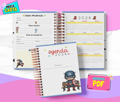Agenda Diaria 2026 de Capitan America (PDF no editable) – Día por Página – Media Carta 14×21.5 cm – Español