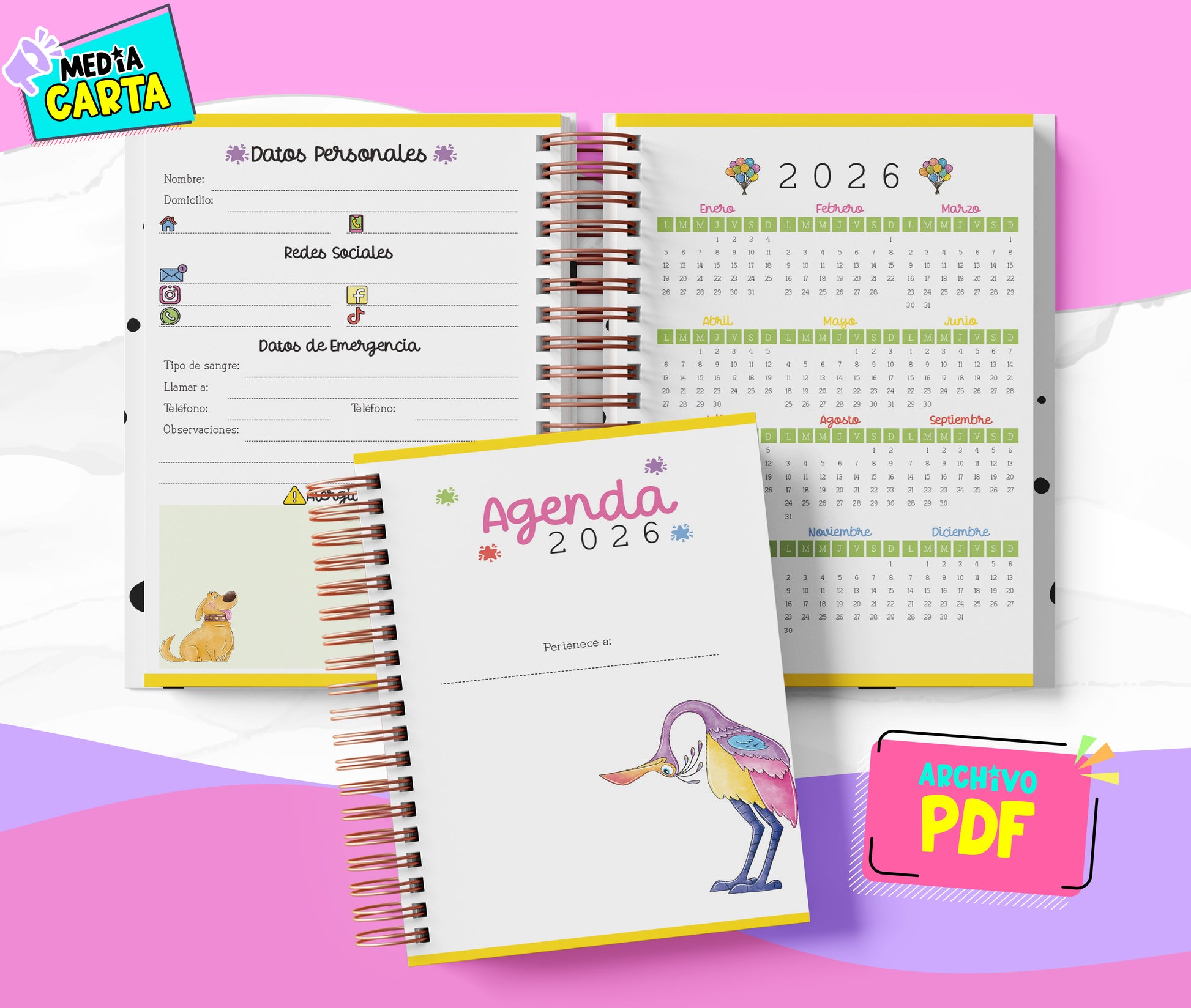 Agenda Diaria 2026 de Up (PDF no editable) – Día por Página – Media Carta 14×21.5 cm – Español