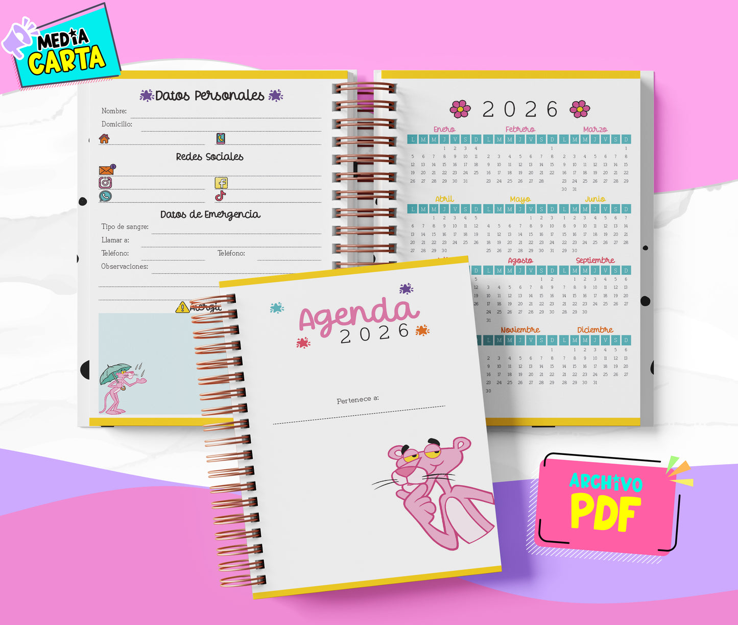 Agenda Diaria 2026 de Pantera Rosa (PDF no editable) – Día por Página – Media Carta 14×21.5 cm – Español