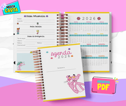 Agenda Diaria 2026 de Pantera Rosa (PDF no editable) – Día por Página – Media Carta 14×21.5 cm – Español
