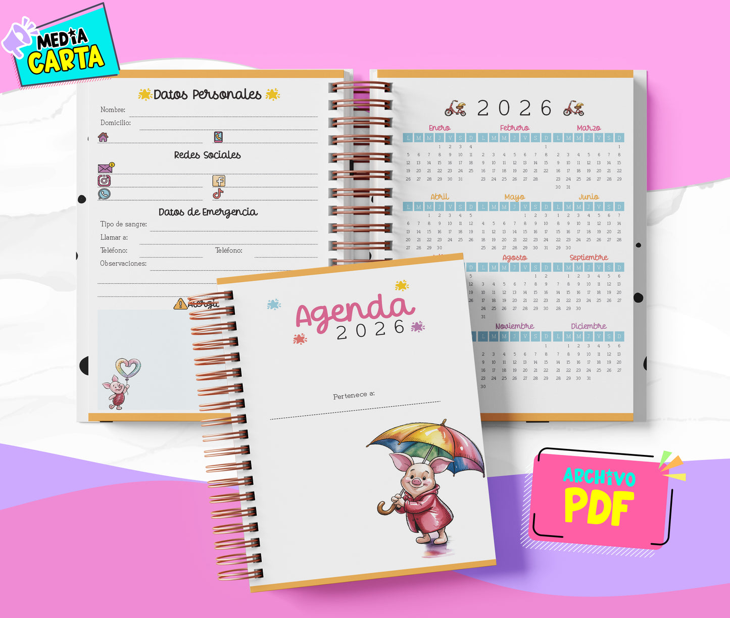Agenda Diaria 2026 de Piglet (PDF no editable) – Día por Página – Media Carta 14×21.5 cm – Español