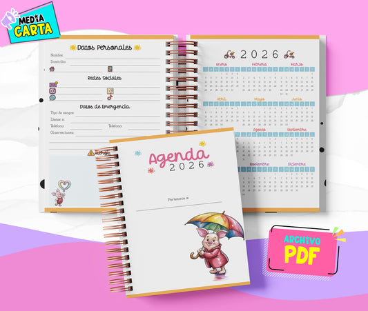 Agenda Diaria 2026 de Piglet (PDF no editable) – Día por Página – Media Carta 14×21.5 cm – Español