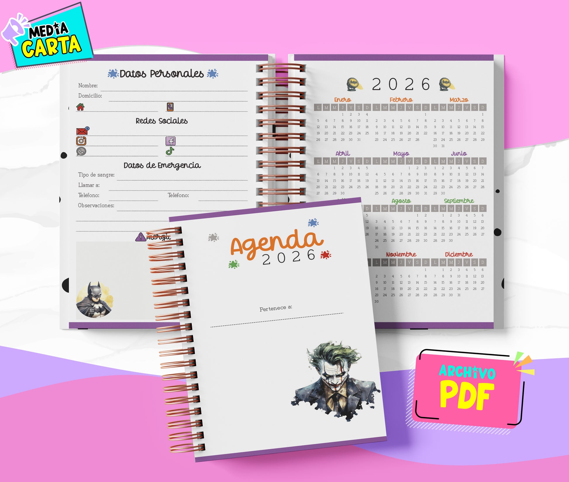 Agenda Diaria 2026 de Batman (PDF no editable) – Día por Página – Media Carta 14×21.5 cm – Español