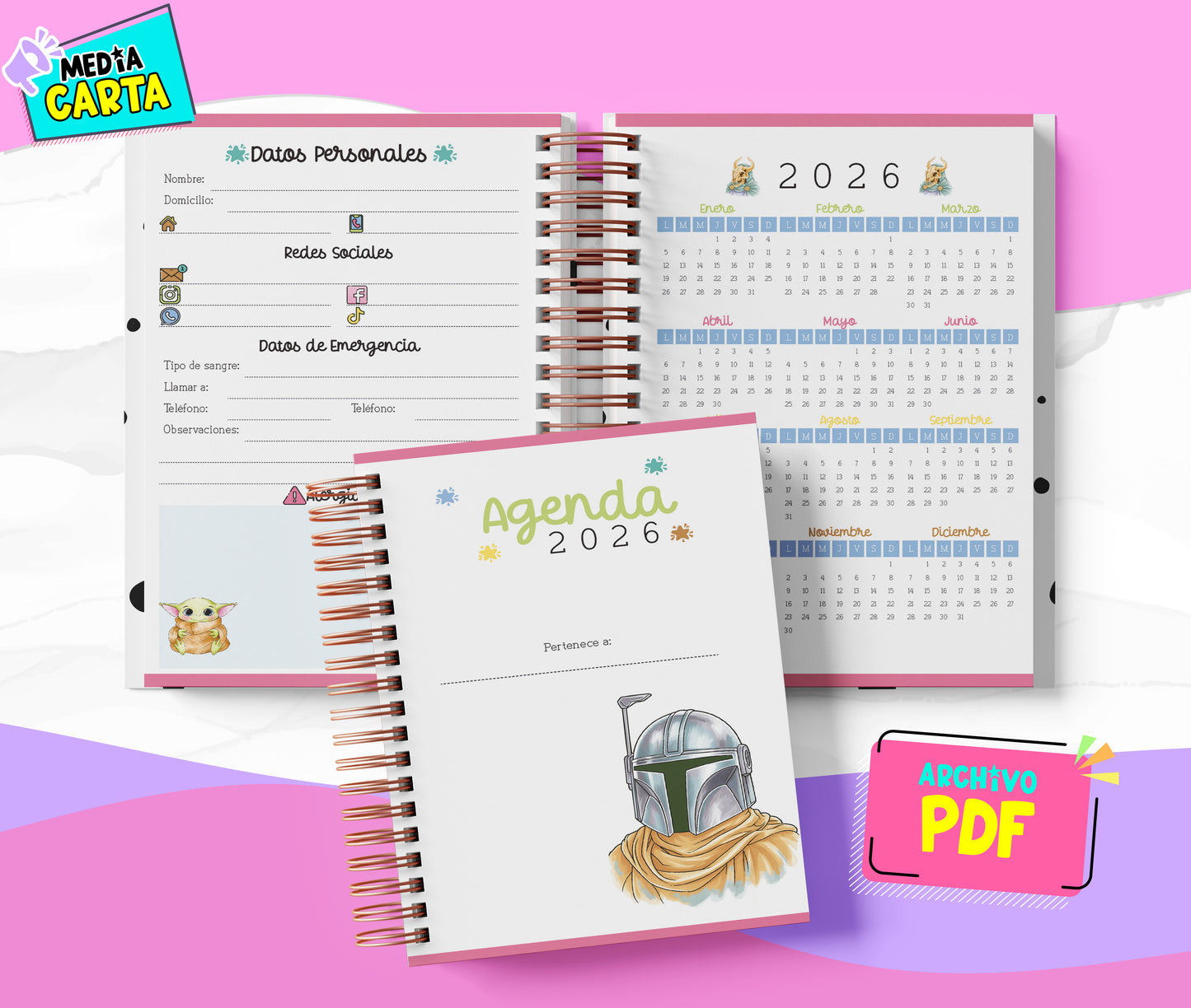 Agenda Diaria 2026 de The Mandalorian (PDF no editable) – Día por Página – Media Carta 14×21.5 cm – Español