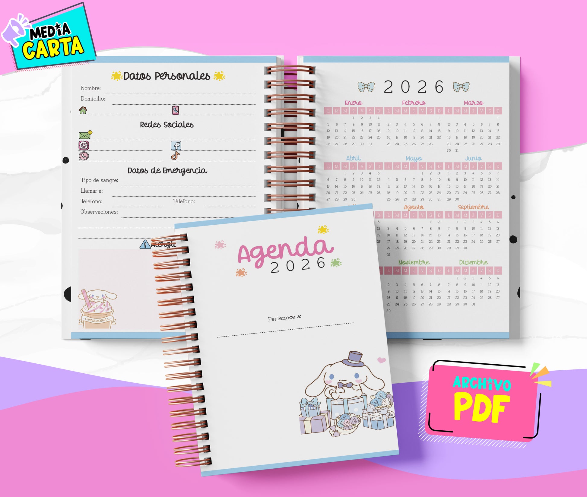 Agenda Diaria 2026 de Cinnamoroll (PDF no editable) – Día por Página – Media Carta 14×21.5 cm – Español