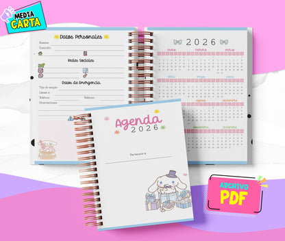 Agenda Diaria 2026 de Cinnamoroll (PDF no editable) – Día por Página – Media Carta 14×21.5 cm – Español