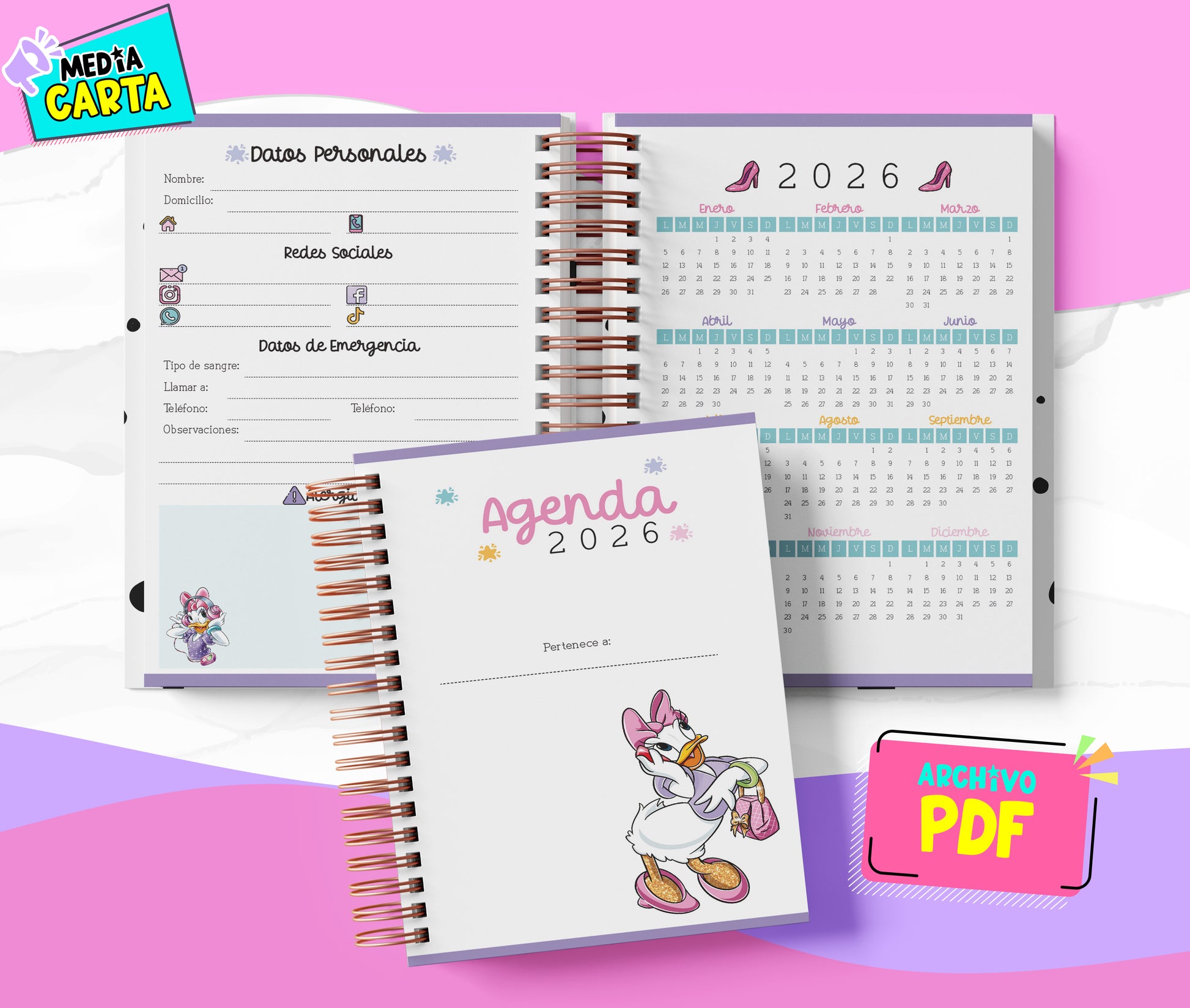 Agenda Diaria 2026 de Daisy Duck (PDF no editable) – Día por Página – Media Carta 14×21.5 cm – Español