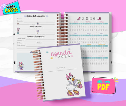 Agenda Diaria 2026 de Daisy Duck (PDF no editable) – Día por Página – Media Carta 14×21.5 cm – Español