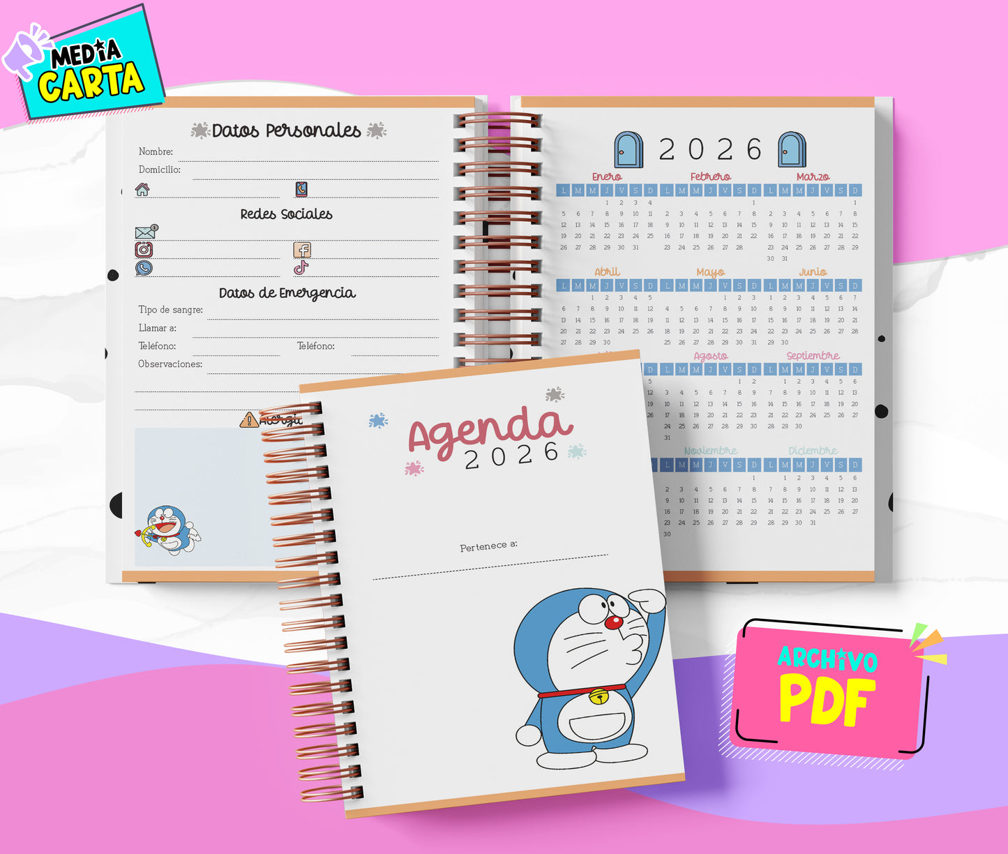 Agenda Diaria 2026 de Doraemon (PDF no editable) – Día por Página – Media Carta 14×21.5 cm – Español