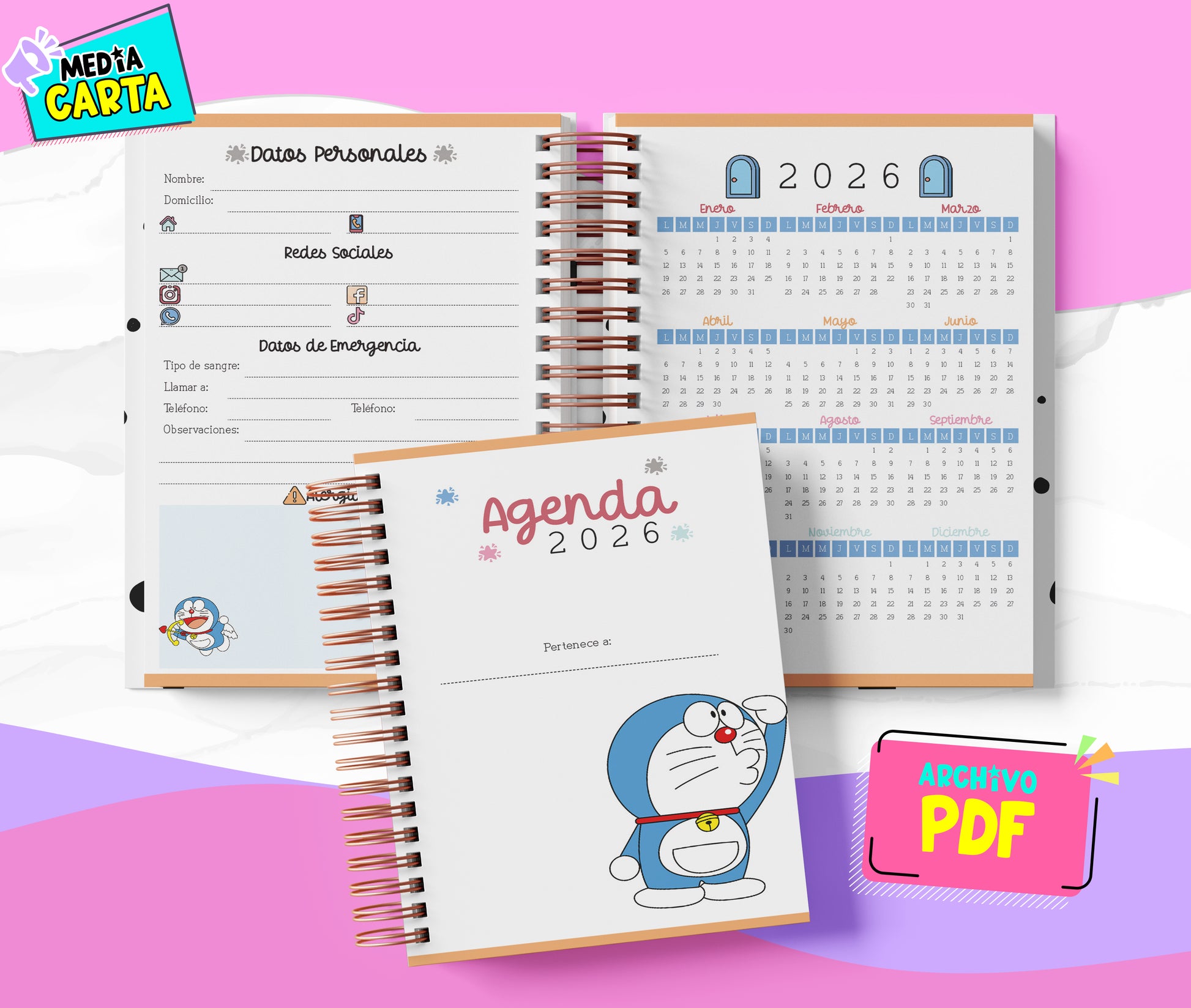 Agenda Diaria 2026 de Doraemon (PDF no editable) – Día por Página – Media Carta 14×21.5 cm – Español