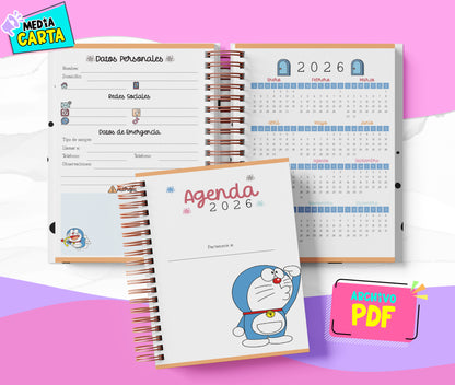 Agenda Diaria 2026 de Doraemon (PDF no editable) – Día por Página – Media Carta 14×21.5 cm – Español