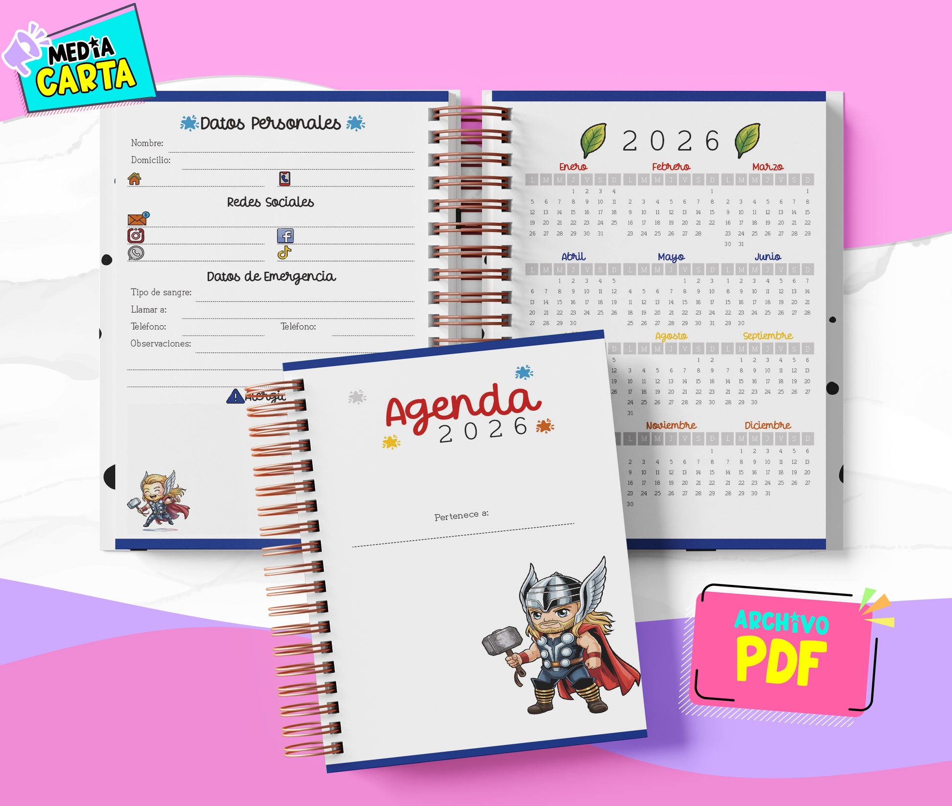 Agenda Diaria 2026 de Thor (PDF no editable) – Día por Página – Media Carta 14×21.5 cm – Español