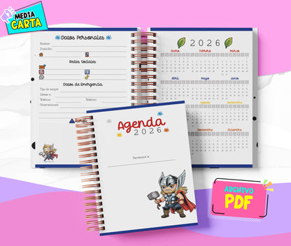 Agenda Diaria 2026 de Thor (PDF no editable) – Día por Página – Media Carta 14×21.5 cm – Español