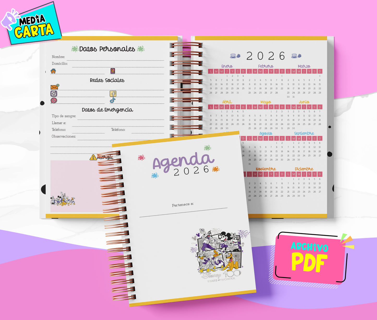 Agenda Diaria 2026 de Disney 100 (PDF no editable) – Día por Página – Media Carta 14×21.5 cm – Español